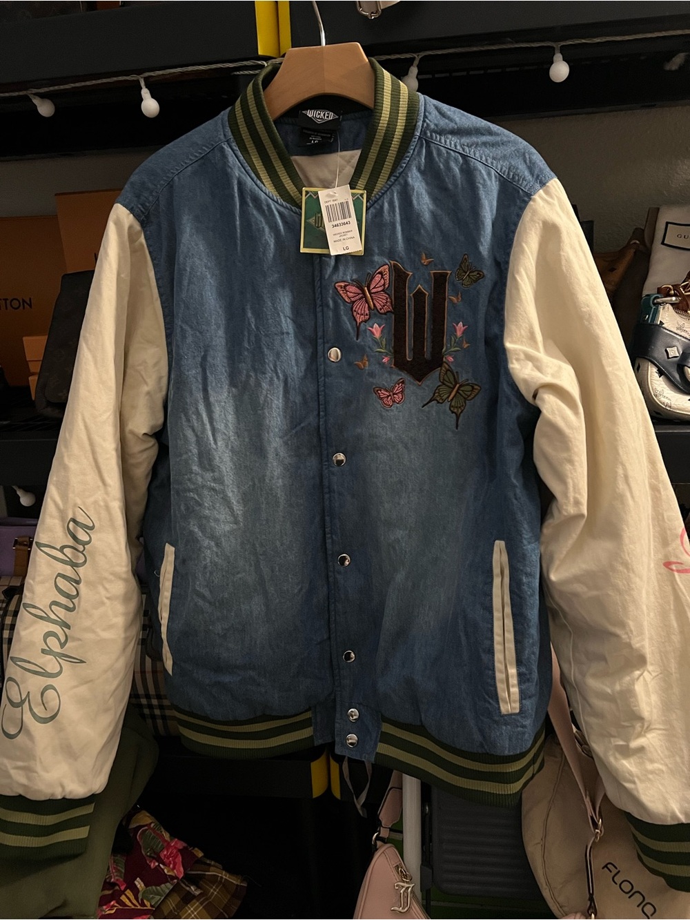 Adult size Blue Denim & Cream Bomber Jacket with Embroidered Butterflie